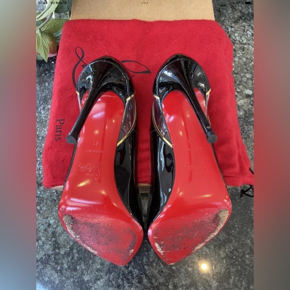 Christian Louboutin Cosmo Black Patent and Gold Euro 41 100mm Heels - Picture 8 of 8